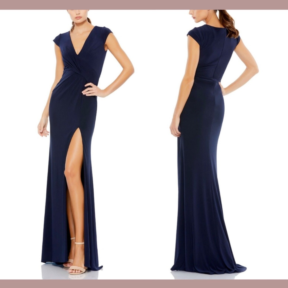 NWD $298‎ IEENA by Mac Duggal [ 6 ] Cap Sleeve V-Neck Jersey Gown in Navy